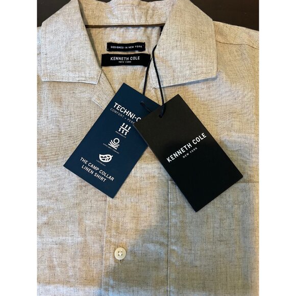 NWT Kenneth Cole men's  button down linen blend short sleeve shirt oatmeal small - Picture 5 of 11